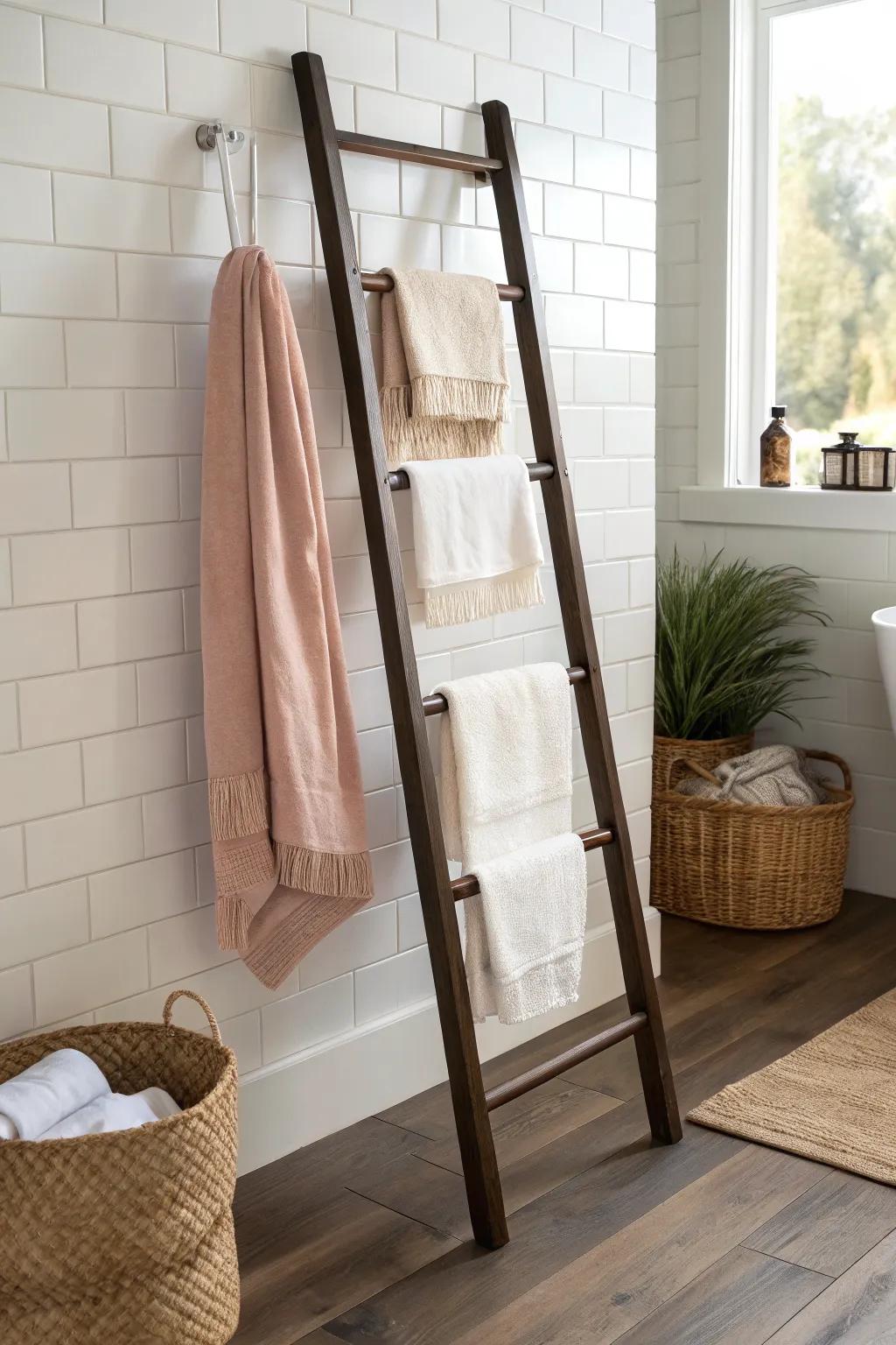 Dark Mission-style wood towel ladder adds vertical storage and warmth to a small Craftsman bath.