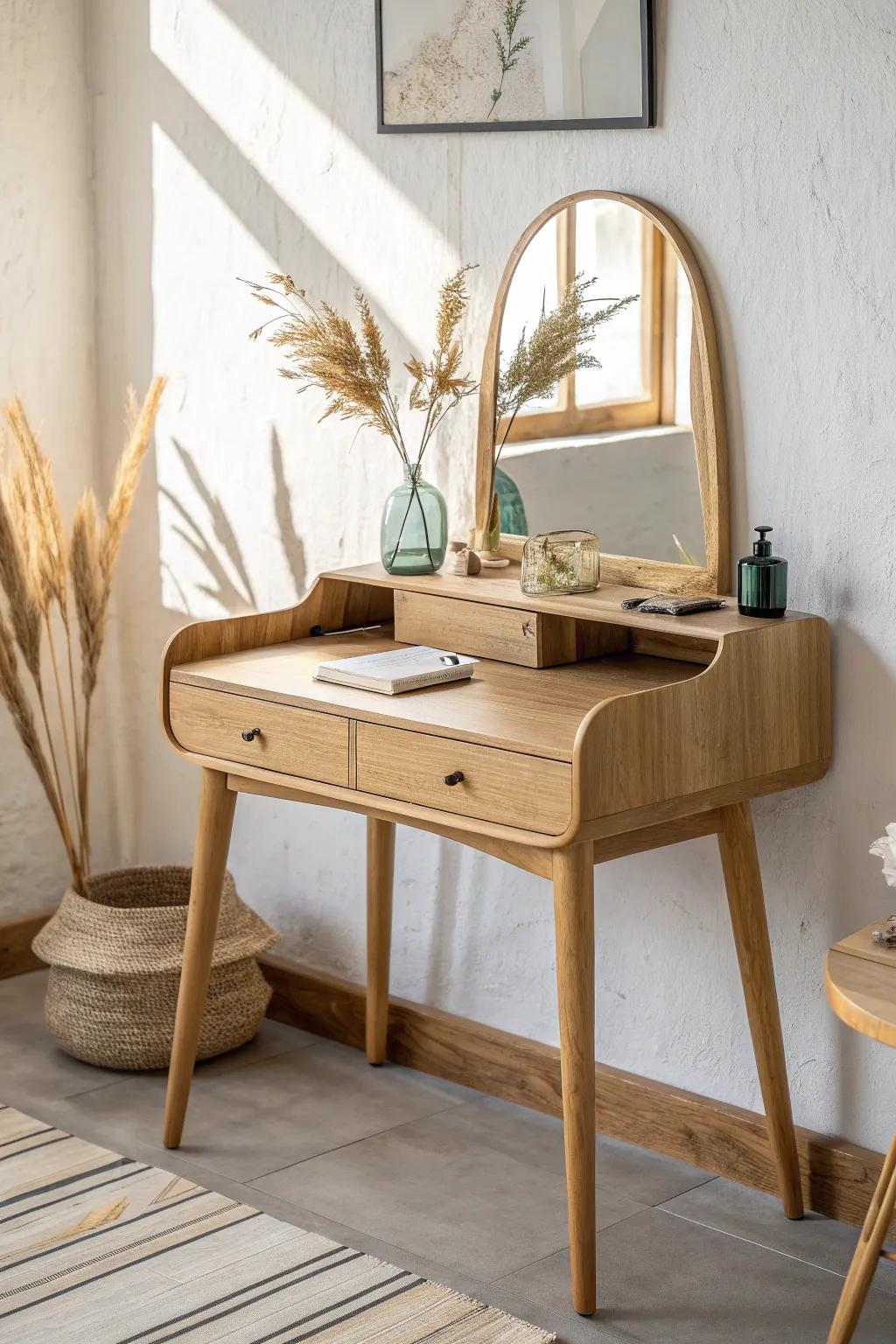 A vanity-to-desk switch-up: sealed oak top, slim shelf, and a calm minimalist vibe.