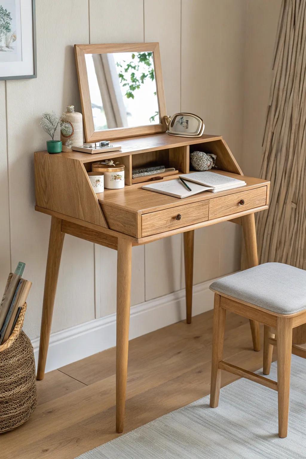 Small-space vanity desk: flip-up mirror turns makeup station into a tidy workspace.
