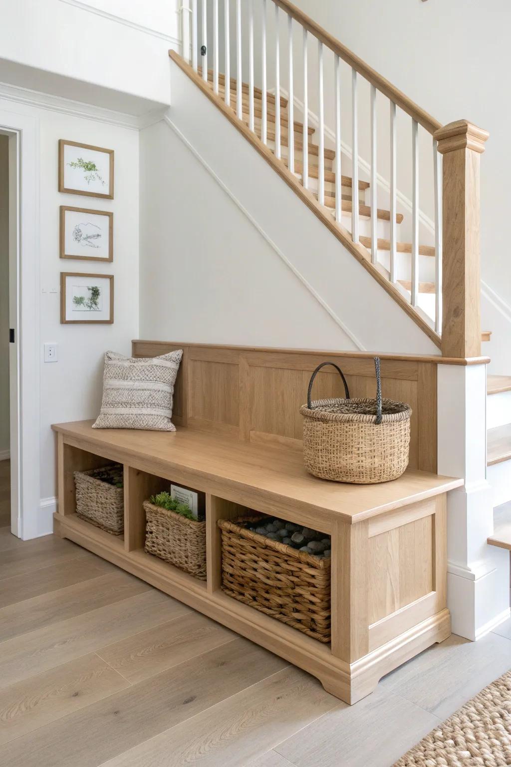 A space-saving oak bench tucked under the stairs—clean, custom, and beautifully practical.