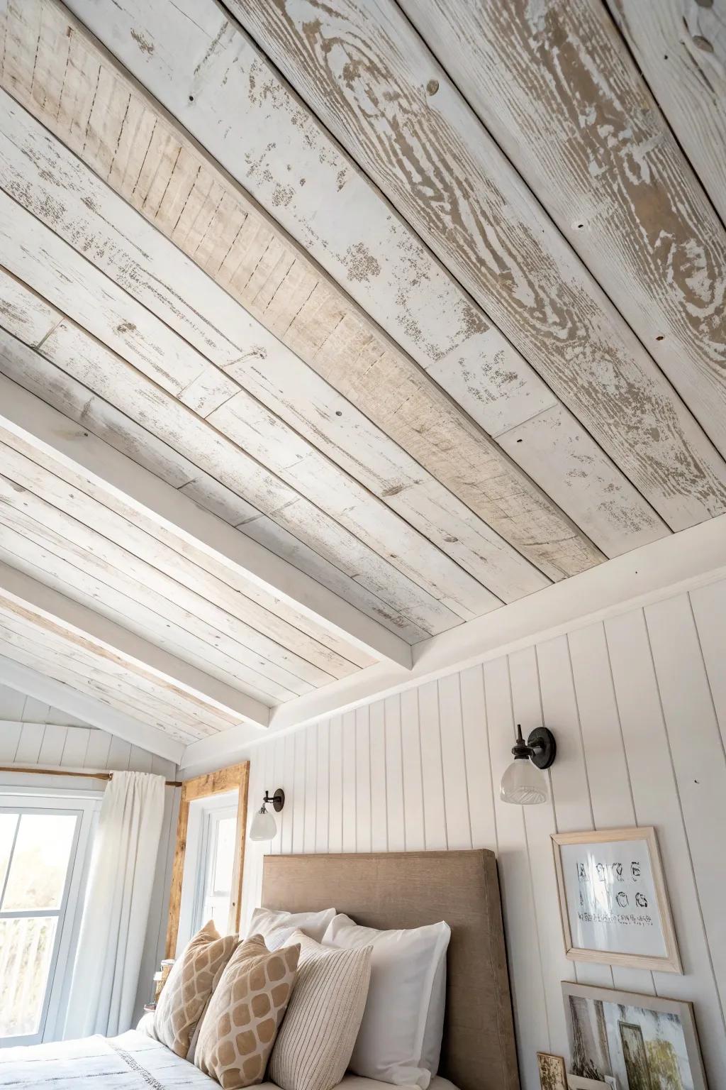 Whitewashed ceiling planks brighten a small farmhouse bedroom while keeping rustic grain.