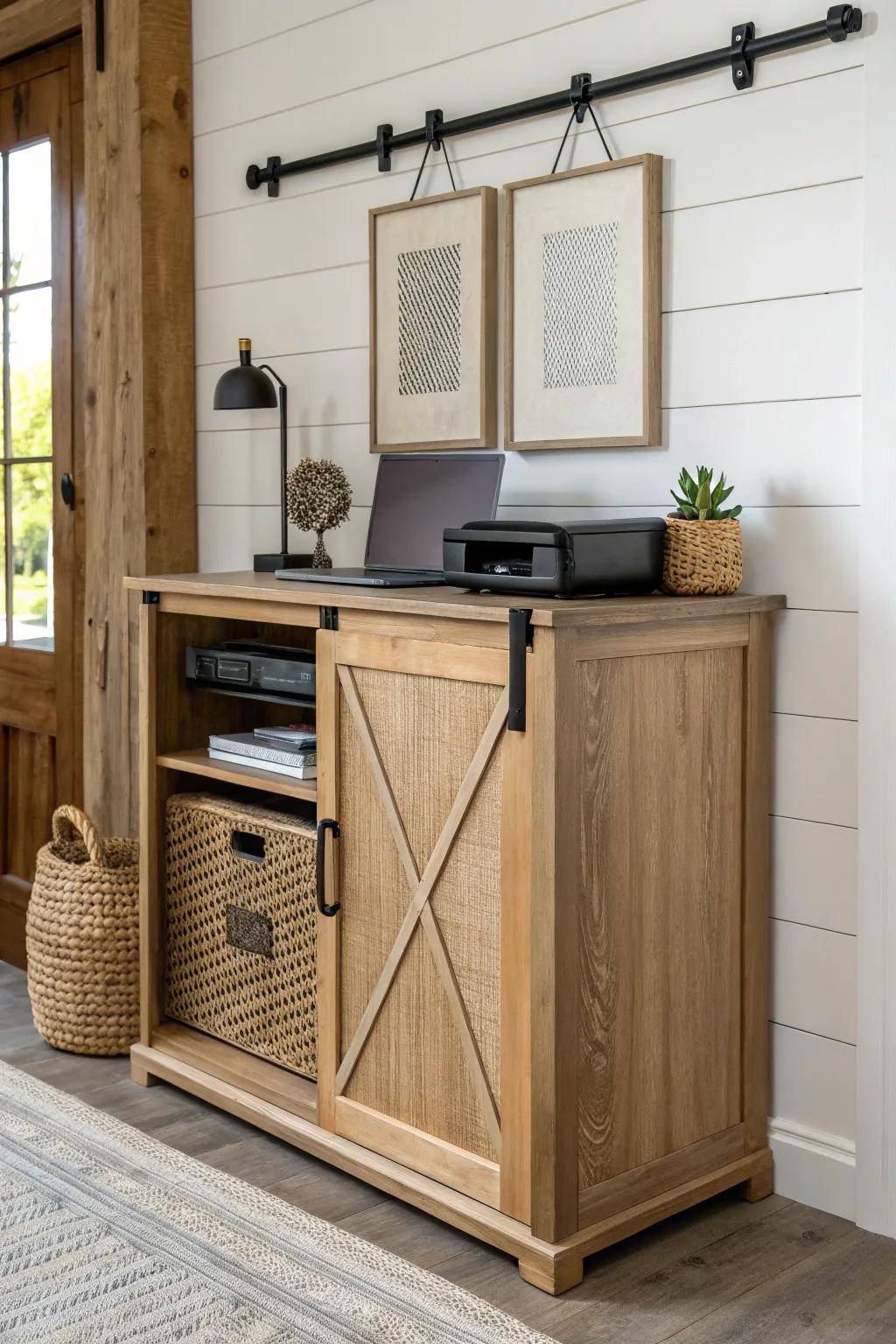 Hide the printer in a sliding-door cabinet for a clean, cozy farmhouse office look.