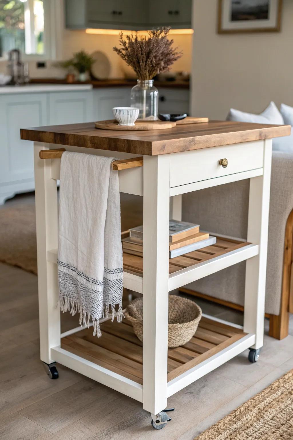 A rolling butcher-block island that parks like a console—small-space flow with warm wood charm.