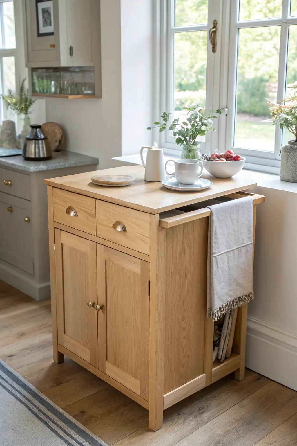 Flip-up island leaf: extra prep space by day, cozy breakfast perch in seconds.