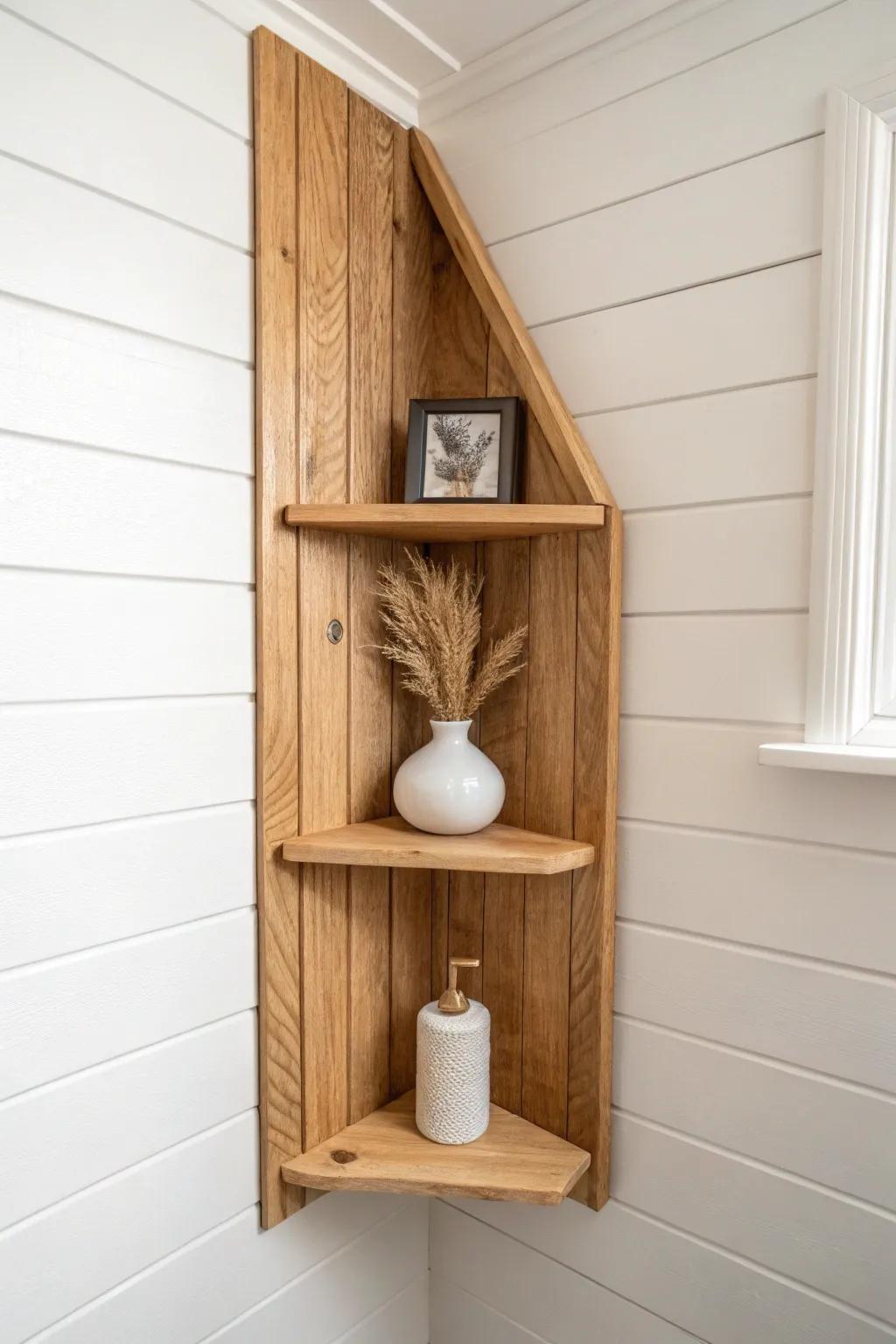 Triangular corner shelves turn an awkward bathroom corner into warm, modern farmhouse storage.