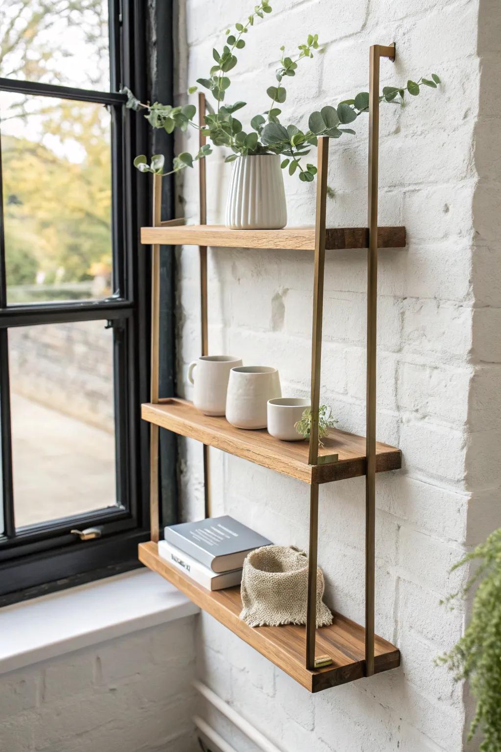 Slim oak window ledge shelves that layer products beautifully without blocking natural light.