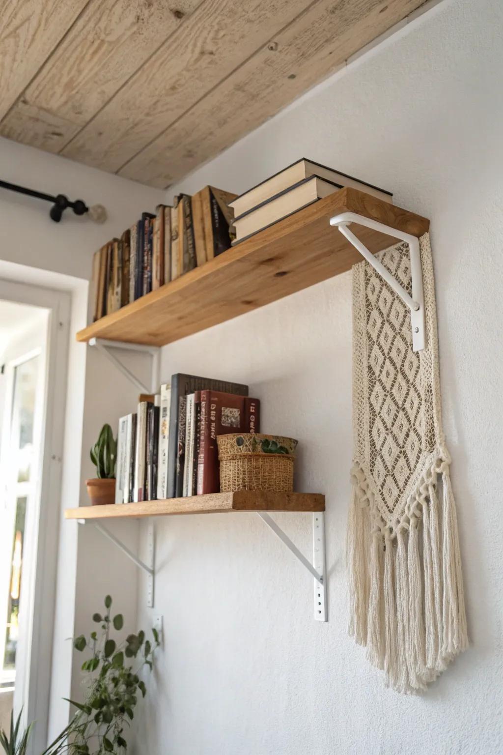 A wraparound overhead pine shelf turns ceiling space into a dreamy small-room library.