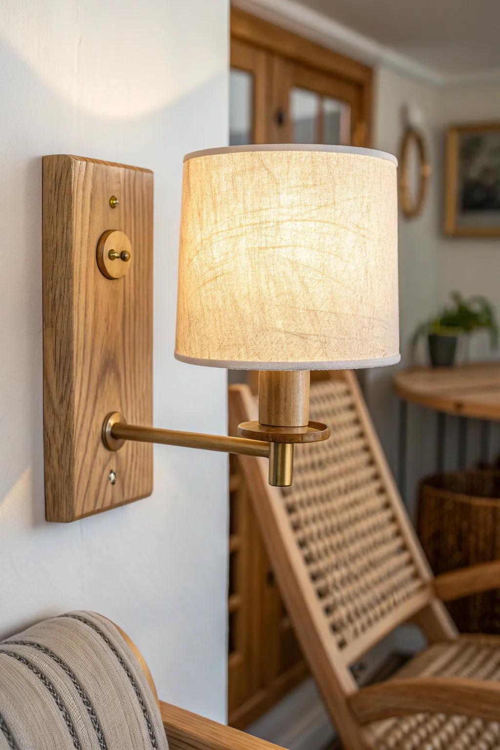 Swap the floor lamp for an oak wall sconce—warm glow, zero clutter, perfect for tiny nurseries.