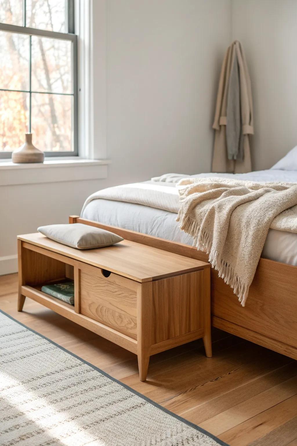Cedar-lined bench keeps blankets tucked away and naturally fresh—minimal, warm, and elegant.