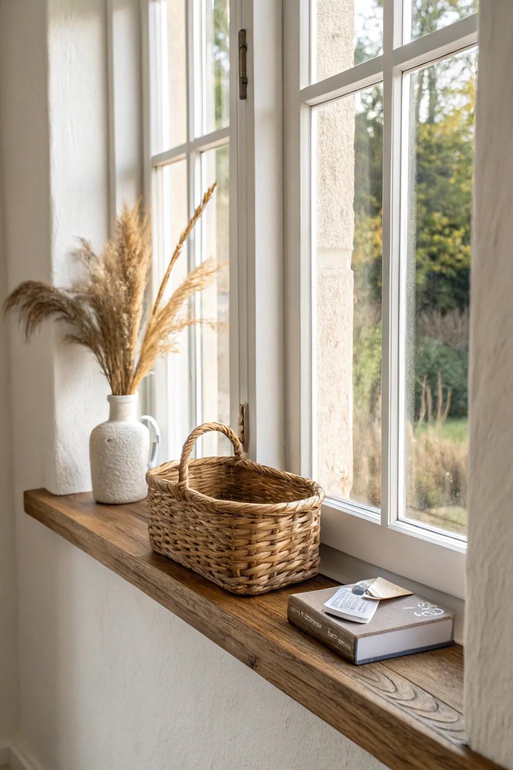 A slim oak floating shelf between windows adds storage without stealing the sunroom light.