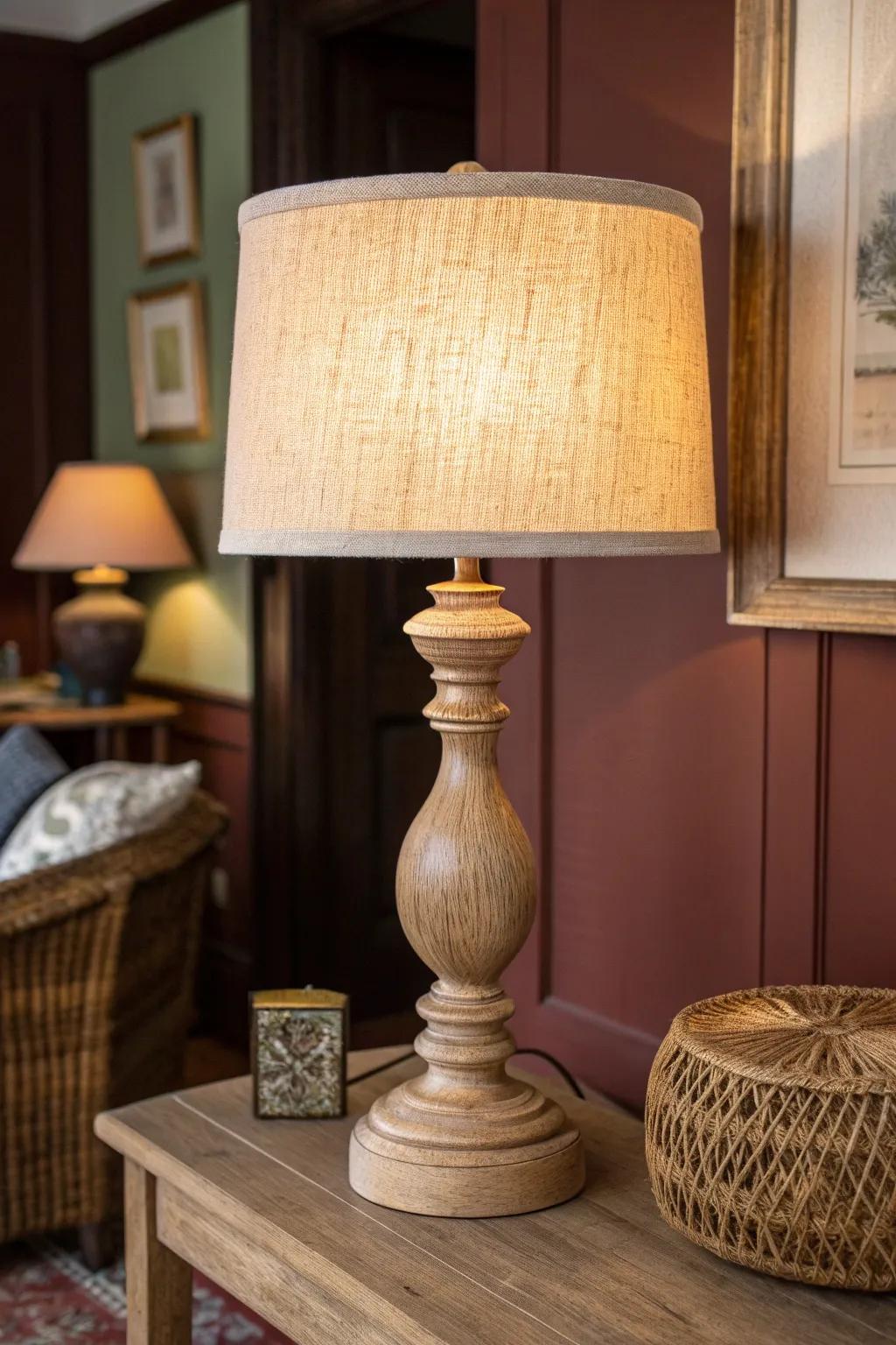 A deep earthy wall + warm wood lamp glow turns a small living room into a cozy cocoon.