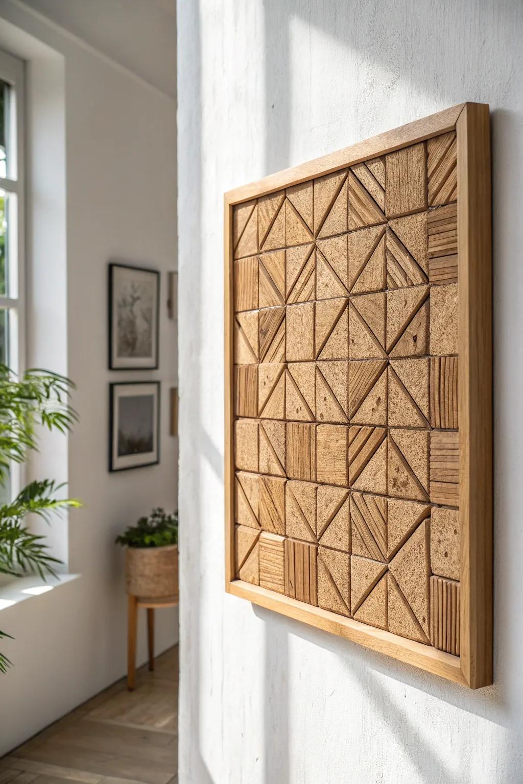 A framed cork mosaic wall adds warmth and hush to a small wine tasting room—simple and chic.