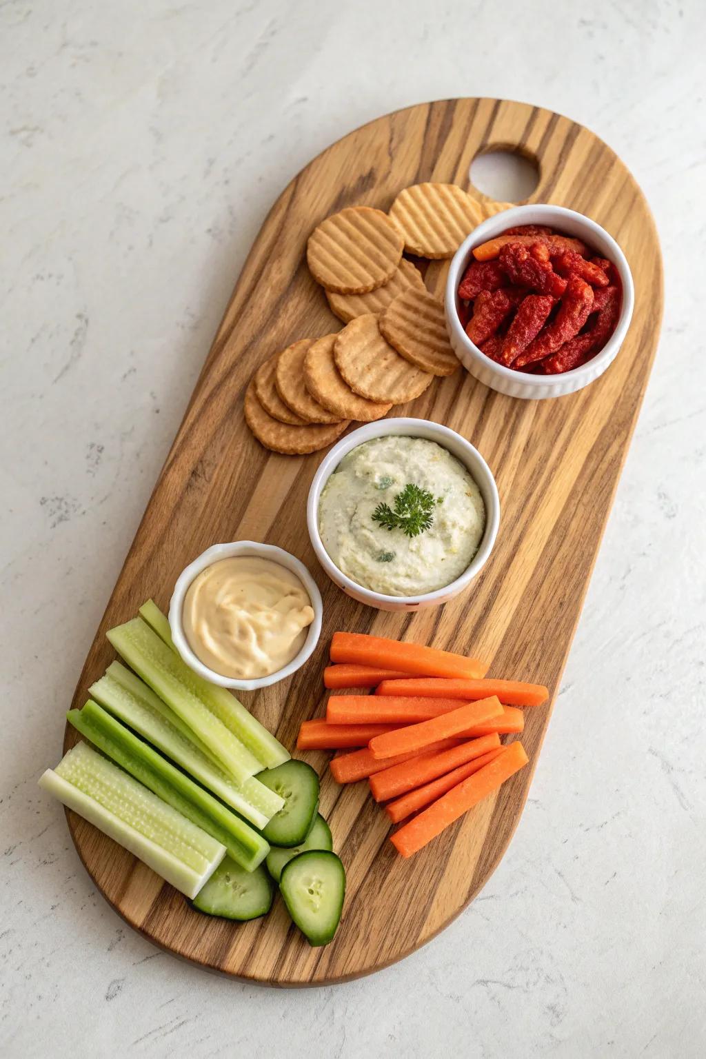 Three dips in a perfect triangle, with crisp rings of dippers for an abundant centerpiece.