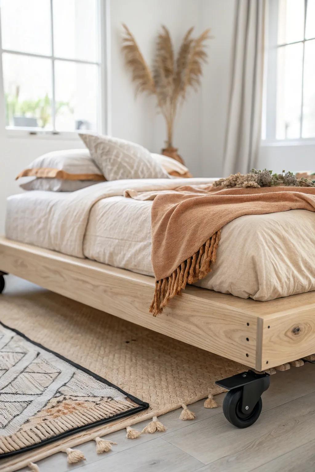 A rolling oak platform bed that glides under your desk—sleep and workspace in one calm room.
