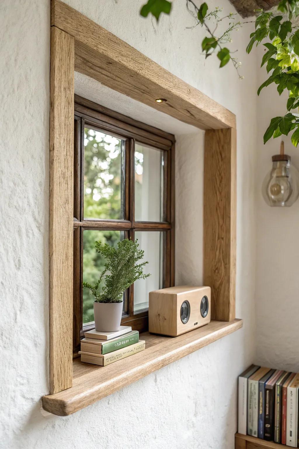A window-frame wall shelf that makes your speaker look built-in—clean, warm, and handcrafted.