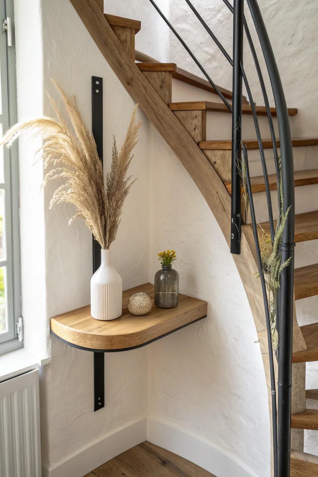 Slim oak corner shelf keeps the spiral staircase airy—minimal styling, big impact.