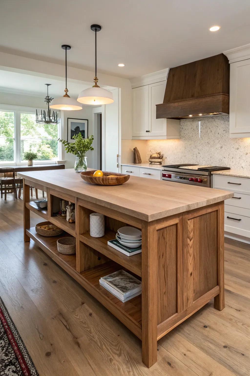 A split-level island with a live-edge dining slab—forest texture meets clean Scandinavian lines.