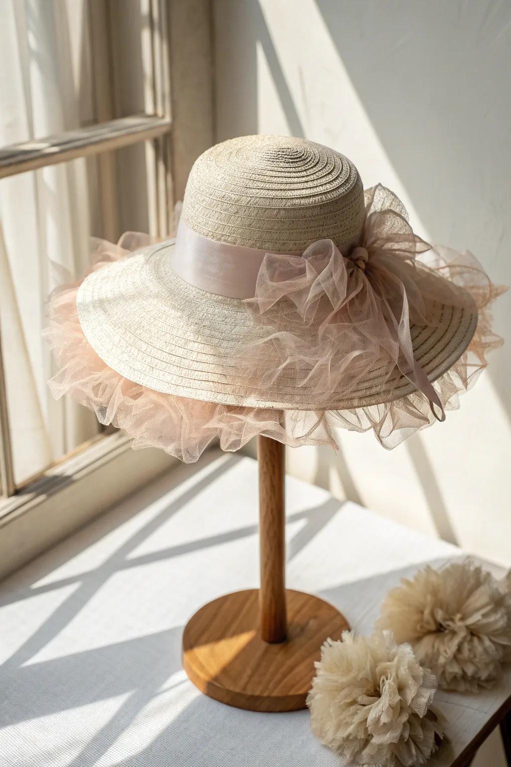 Embrace spring with effortless elegance: the tulle hat that whispers sophistication.