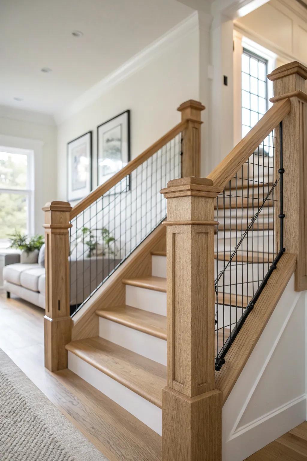 Rustic meets industrial: oak cap rail with black wire mesh infill for an airy, tough look.