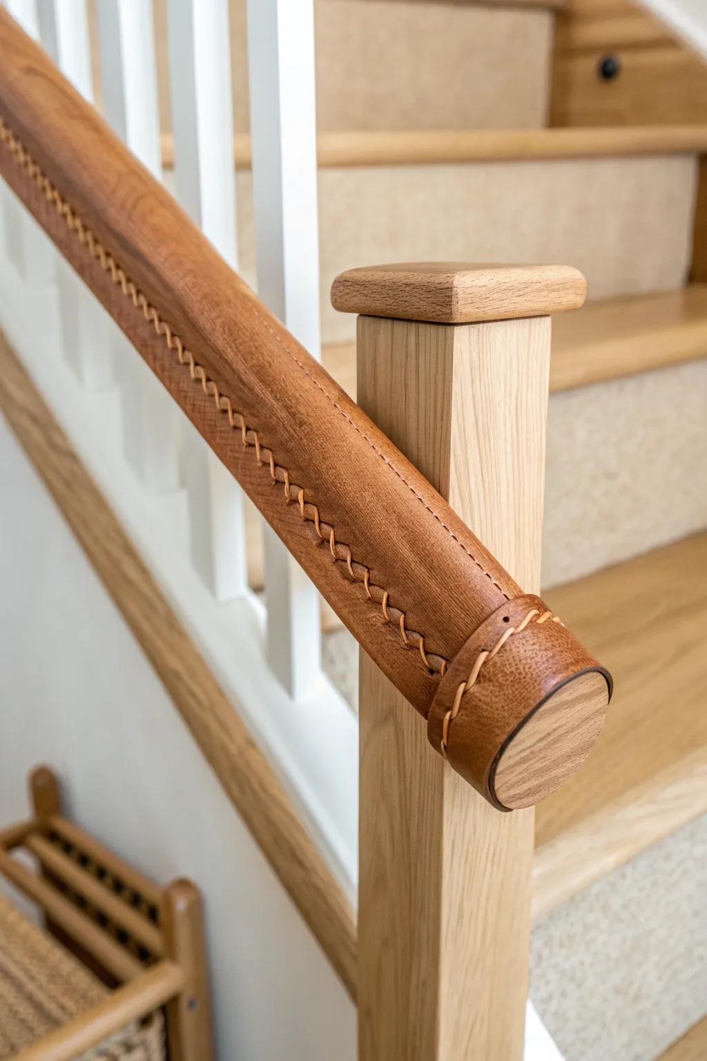 Boutique touch: a spiral leather-wrapped grip section that warms up your stair handrail.