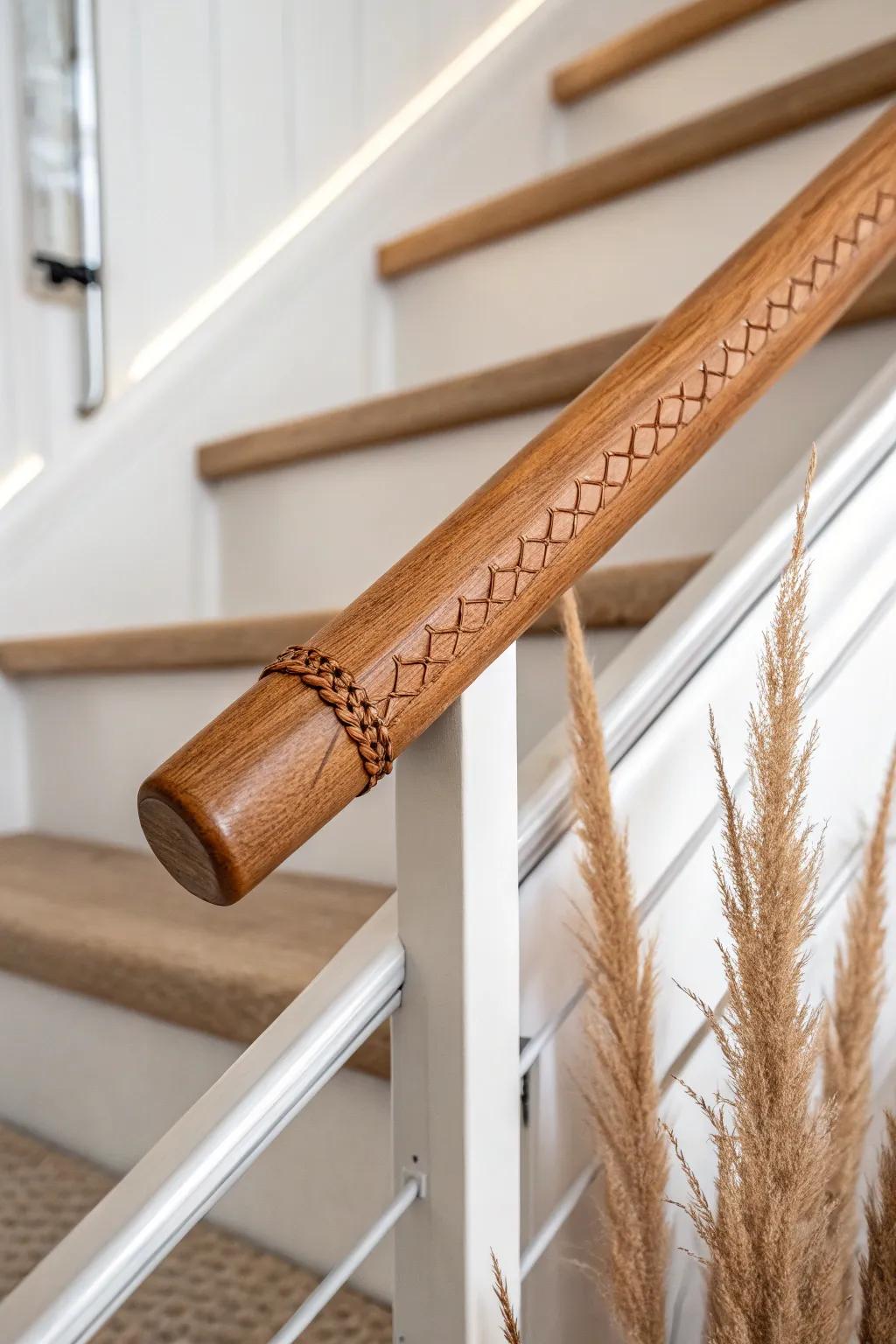 Cognac leather-wrapped oak handrail—soft, luxe texture with clean Scandinavian lines.