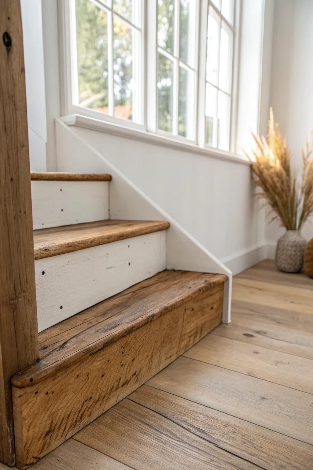 Reclaimed wood skirt board: warm rustic character with simple, clean trim contrast.