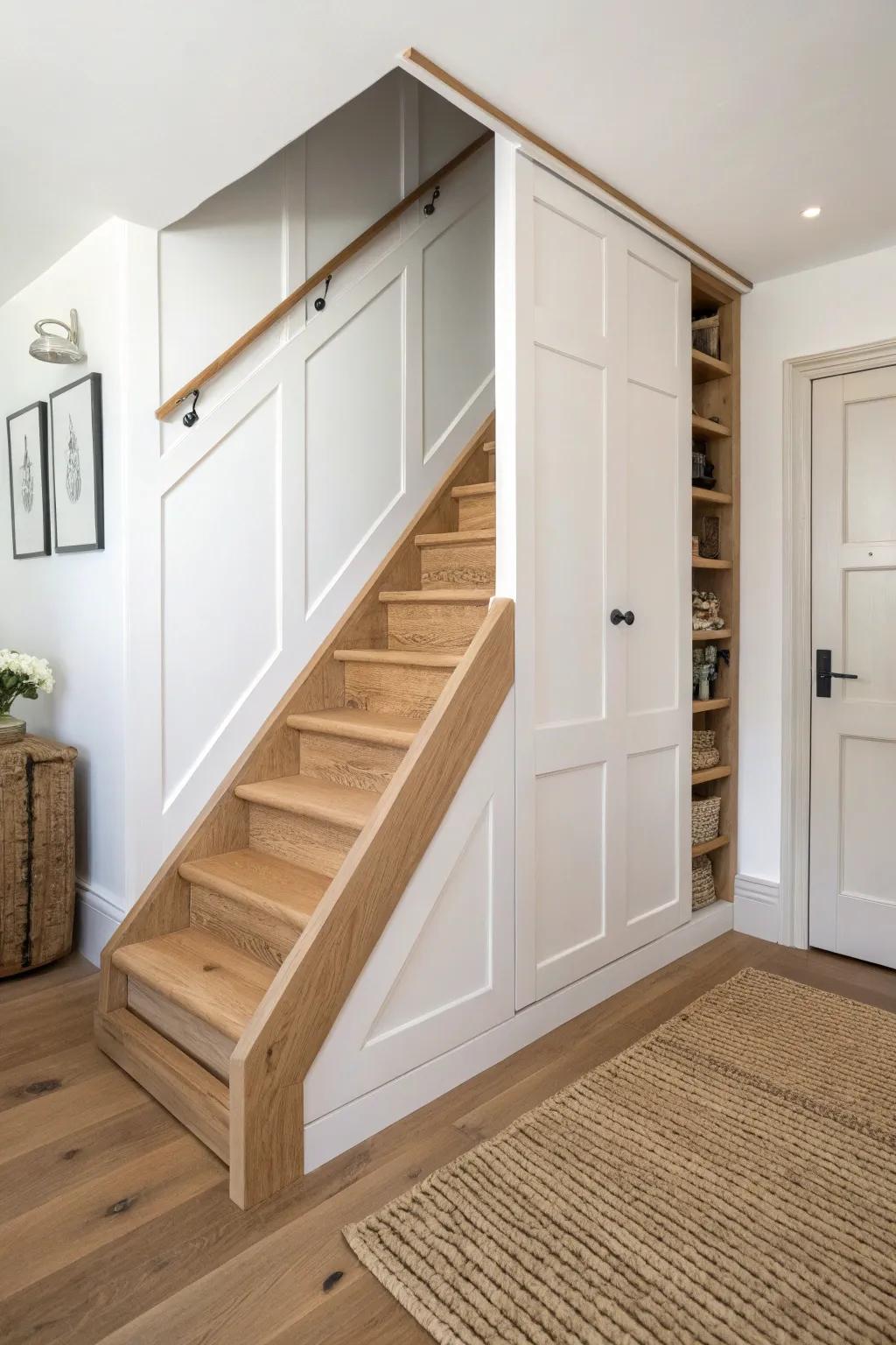 A hidden closet stairway in pale oak—minimal, space-saving, and beautifully crafted.