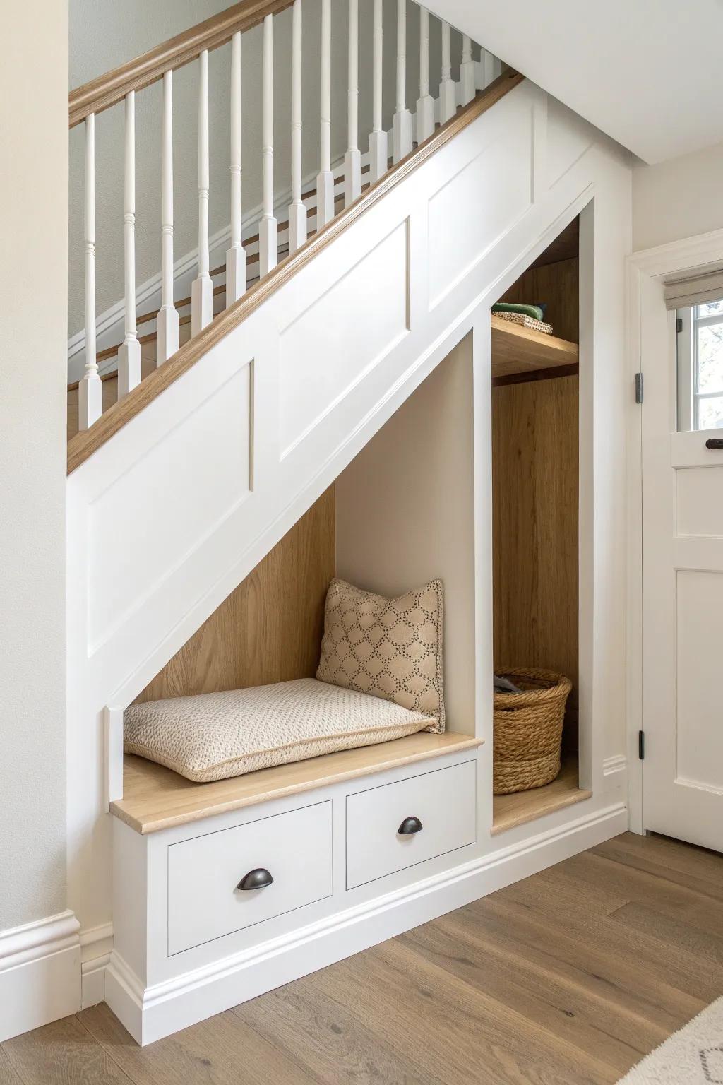 Under-stair pet nook with a built-in supply drawer—clean woodwork, cozy cubby, zero clutter.
