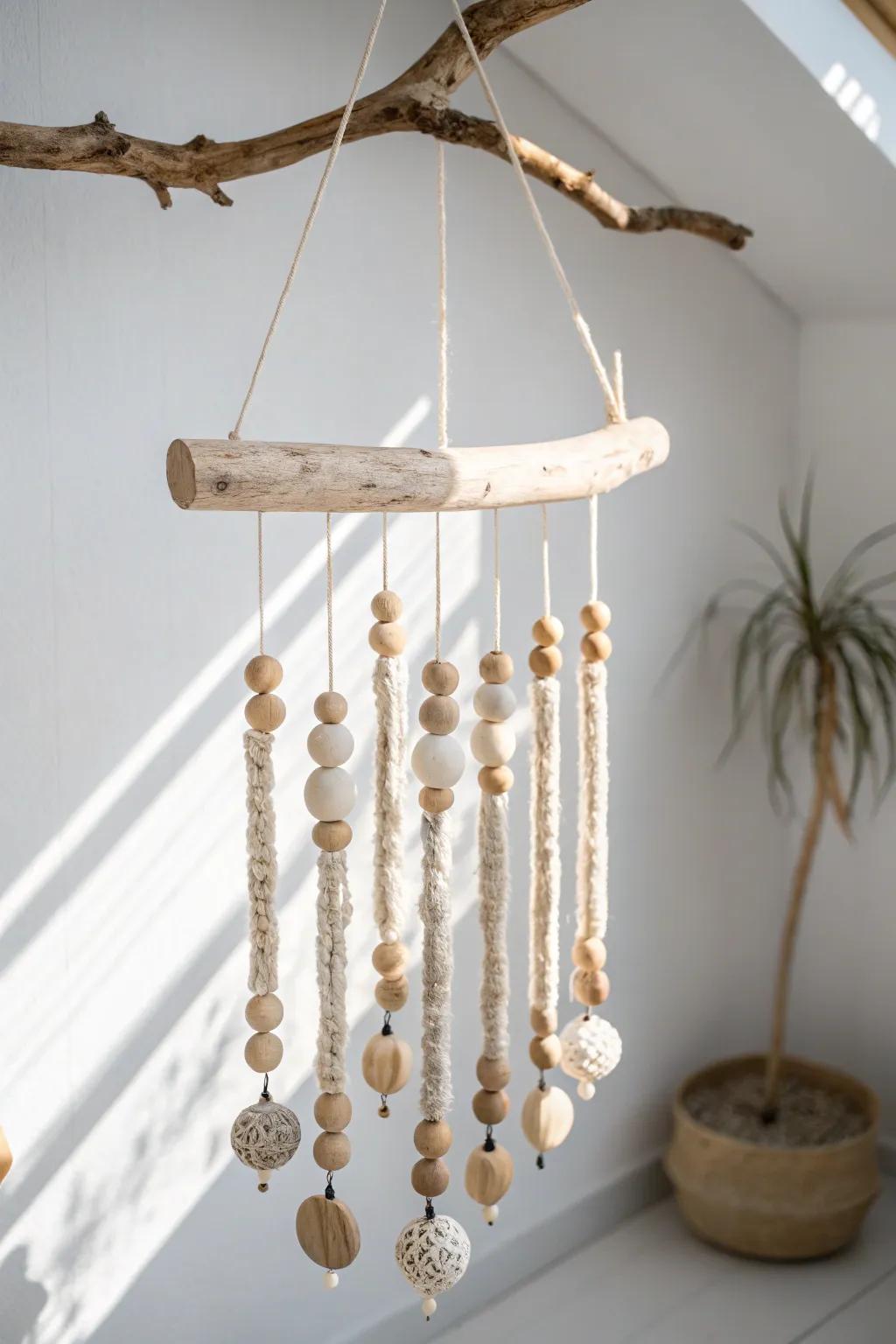 DIY driftwood mobile: simple sticks and beads for calm, natural movement in any corner.