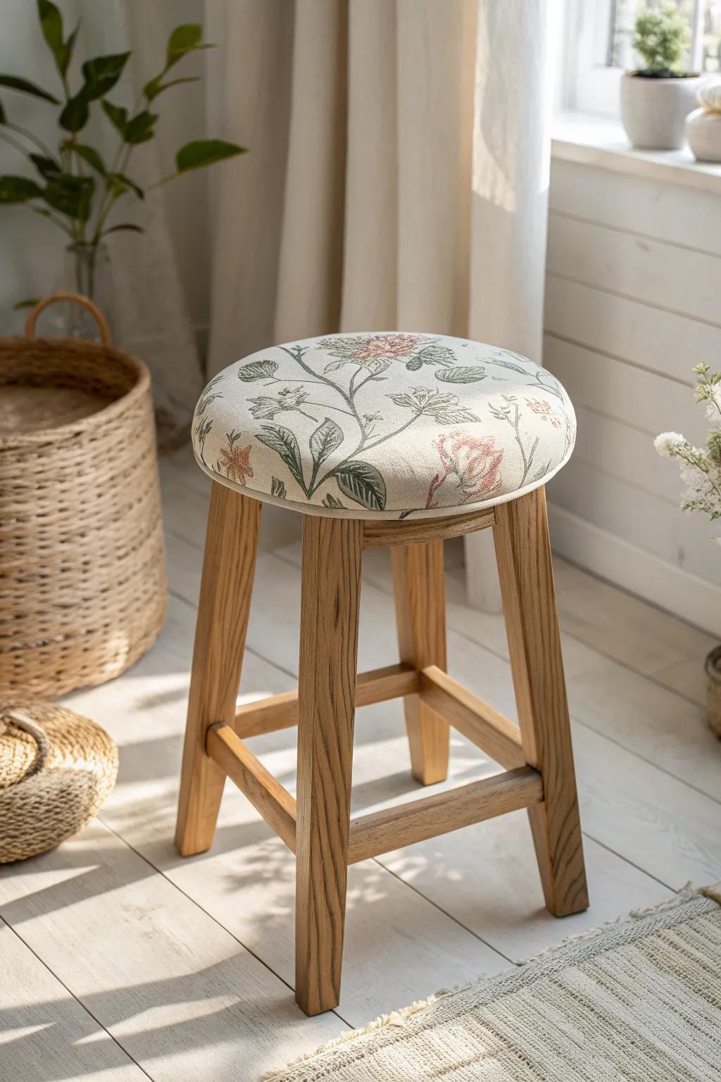 Leftover wallpaper becomes a chic patterned stool top—sealed for a durable, surprise detail.