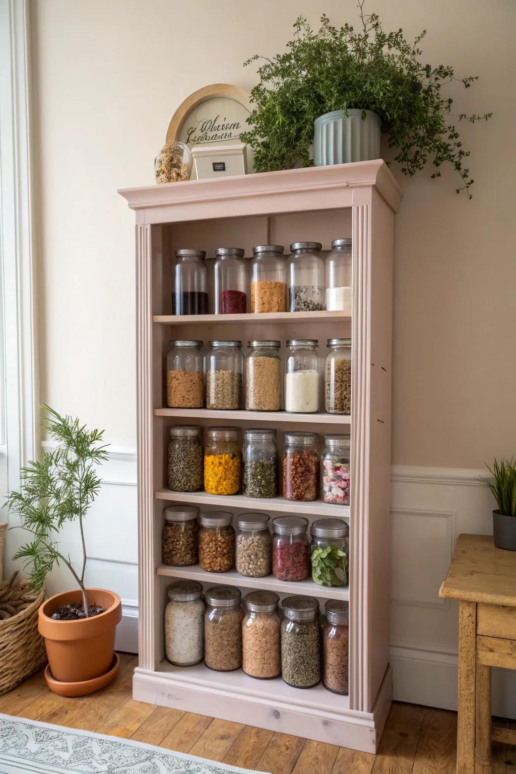 Transform old into chic: Elevate your storage with this repurposed bookshelf mason jar display.