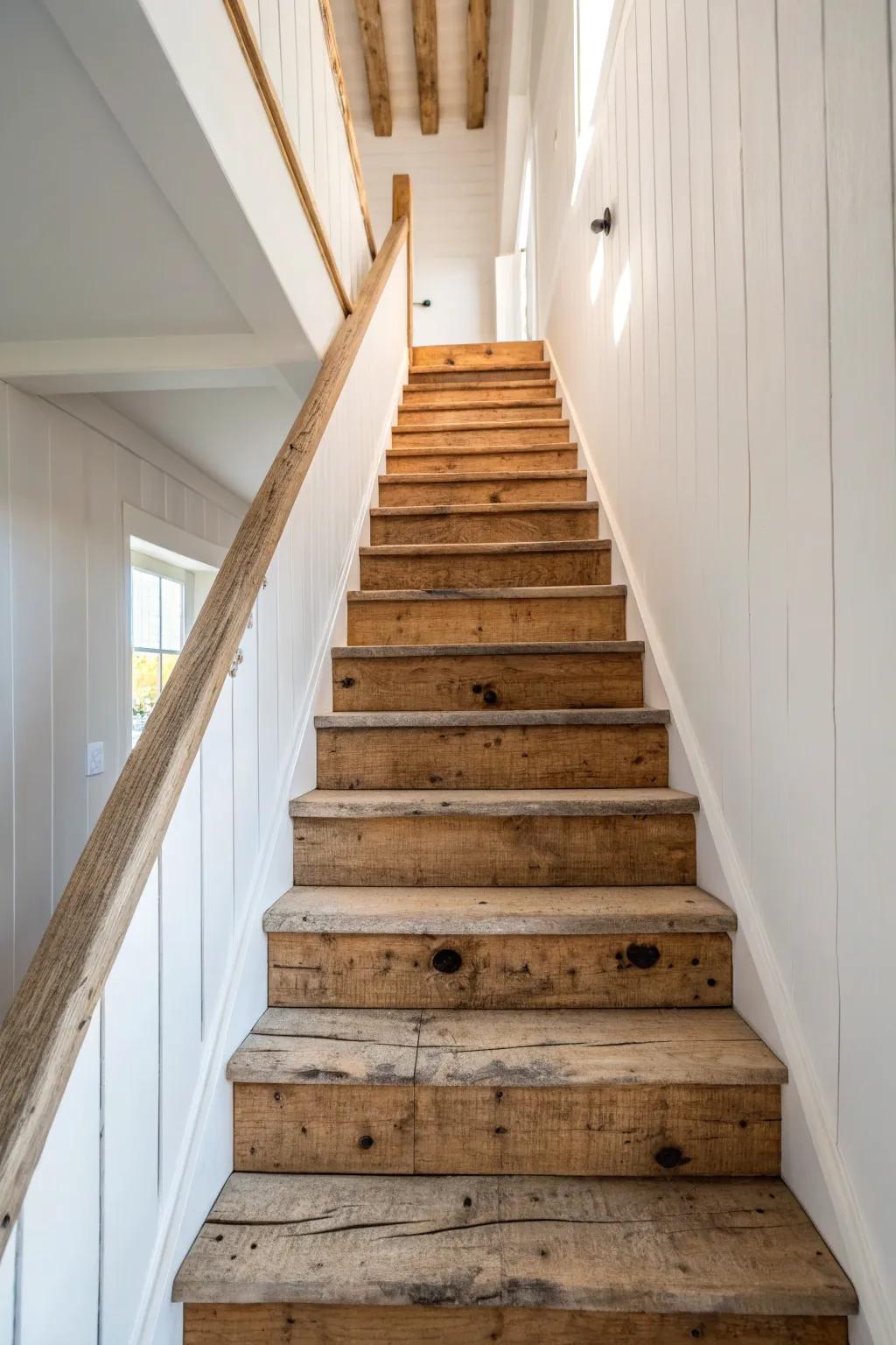 Reclaimed timber treads bring rustic soul to a clean straight staircase—knots and nail holes included.