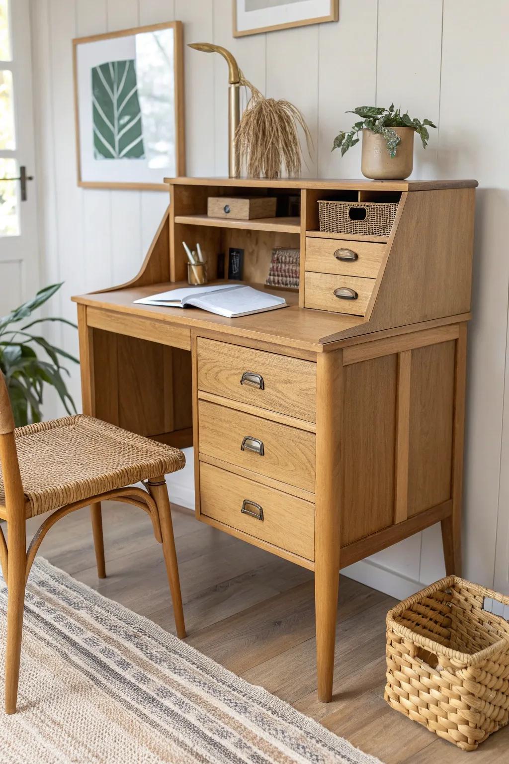 Old dresser, new purpose: a chic upcycled study desk with storage and built-in charm.