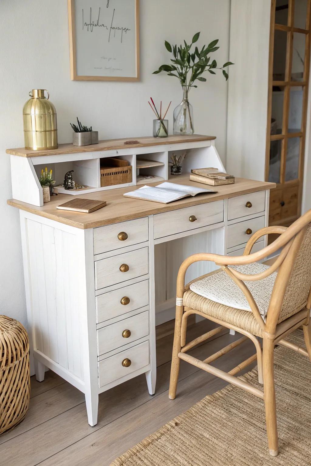 Upcycled dresser turned study table—clean oak top, built-in drawers, and boho-minimal charm.