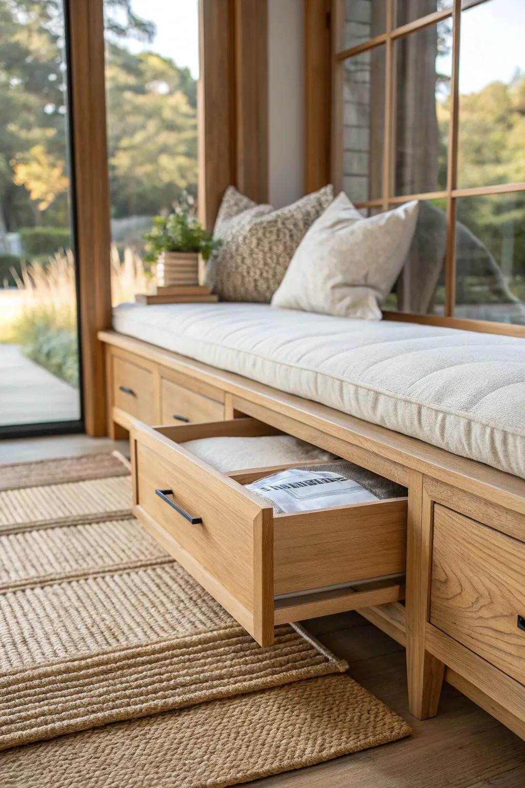 Hidden toe-kick drawer under the bench—perfect for placemats, craft paper, and napkins.
