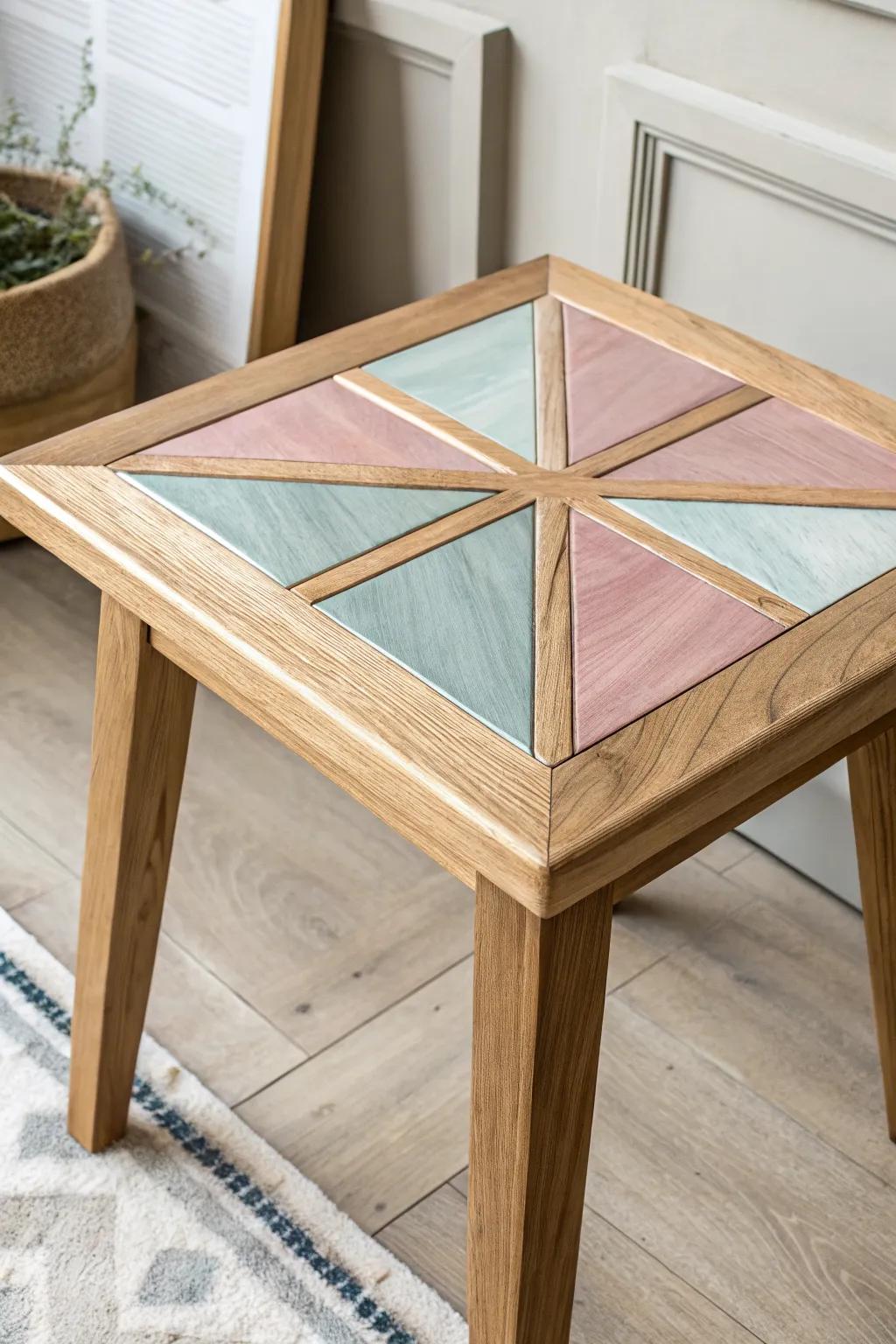 Modern geometric tinted resin inlay—crisp color lines that elevate a minimalist tabletop.