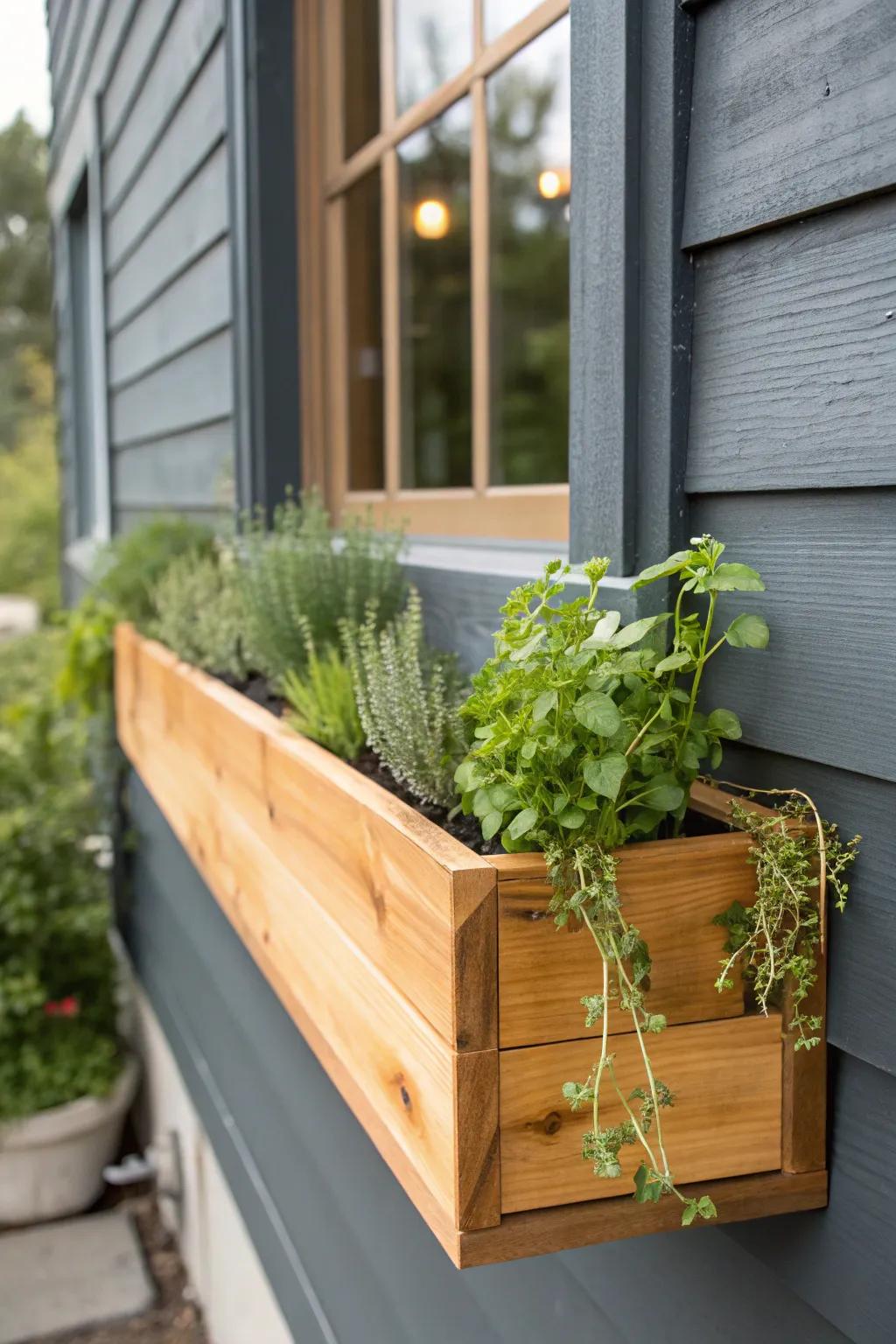 Handmade cedar window planter box—fresh herbs and trailing greens for a loved-in forest cabin.
