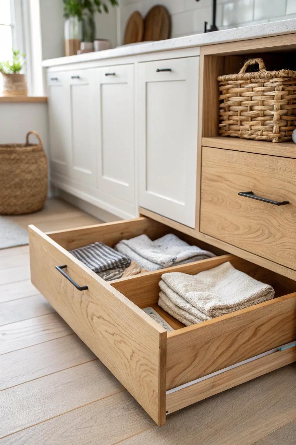 Hidden toe-kick drawer storage—beautifully crafted extra space for linens and wraps.
