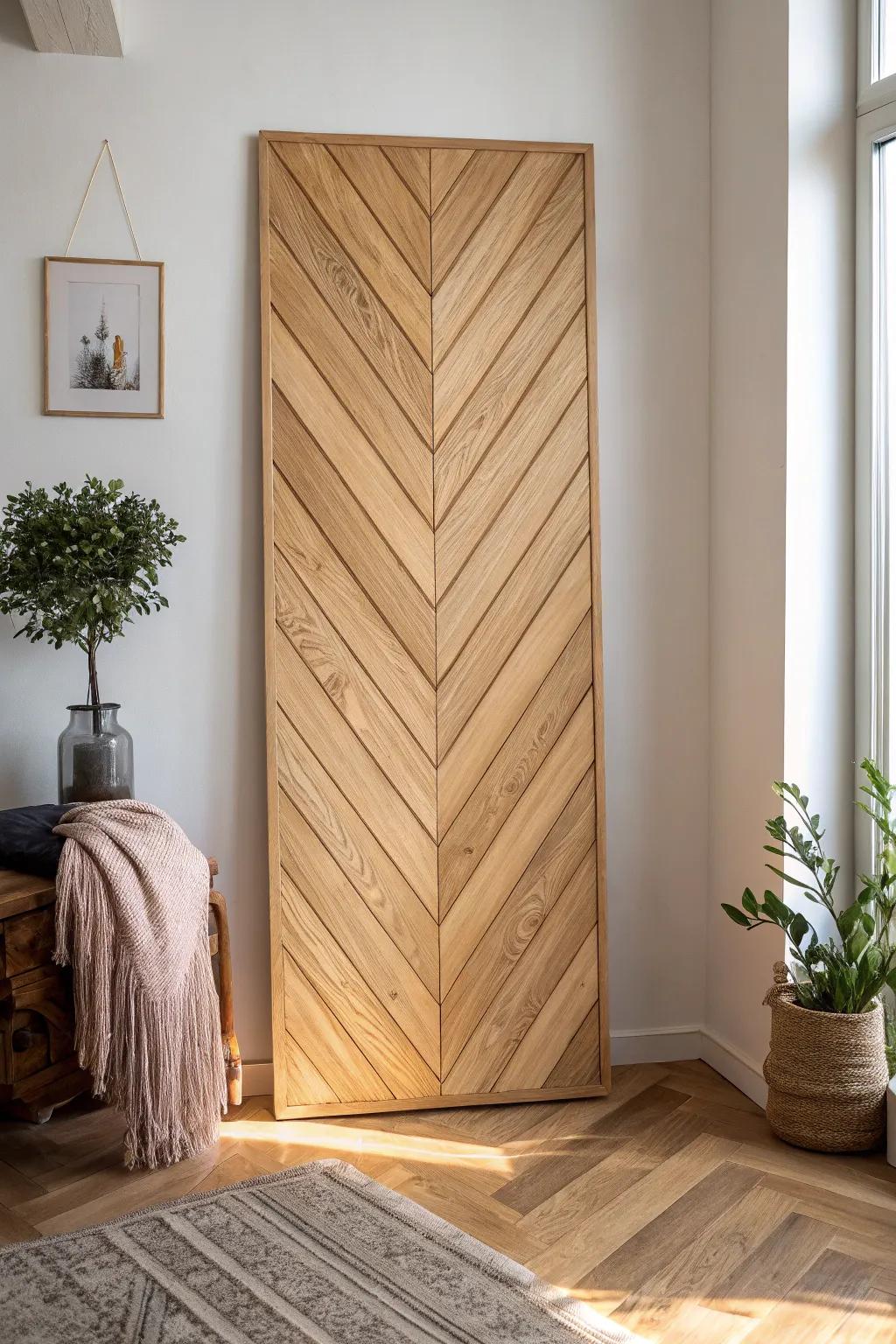 Mitered chevron tongue-and-groove boards for a classic accent wall with high-end millwork vibes.