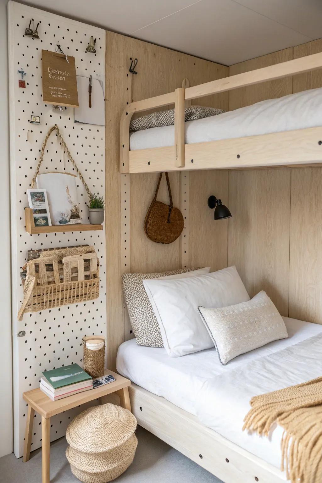 A pegboard “bunk station” adds storage, style, and a nightstand feel to the top bunk.
