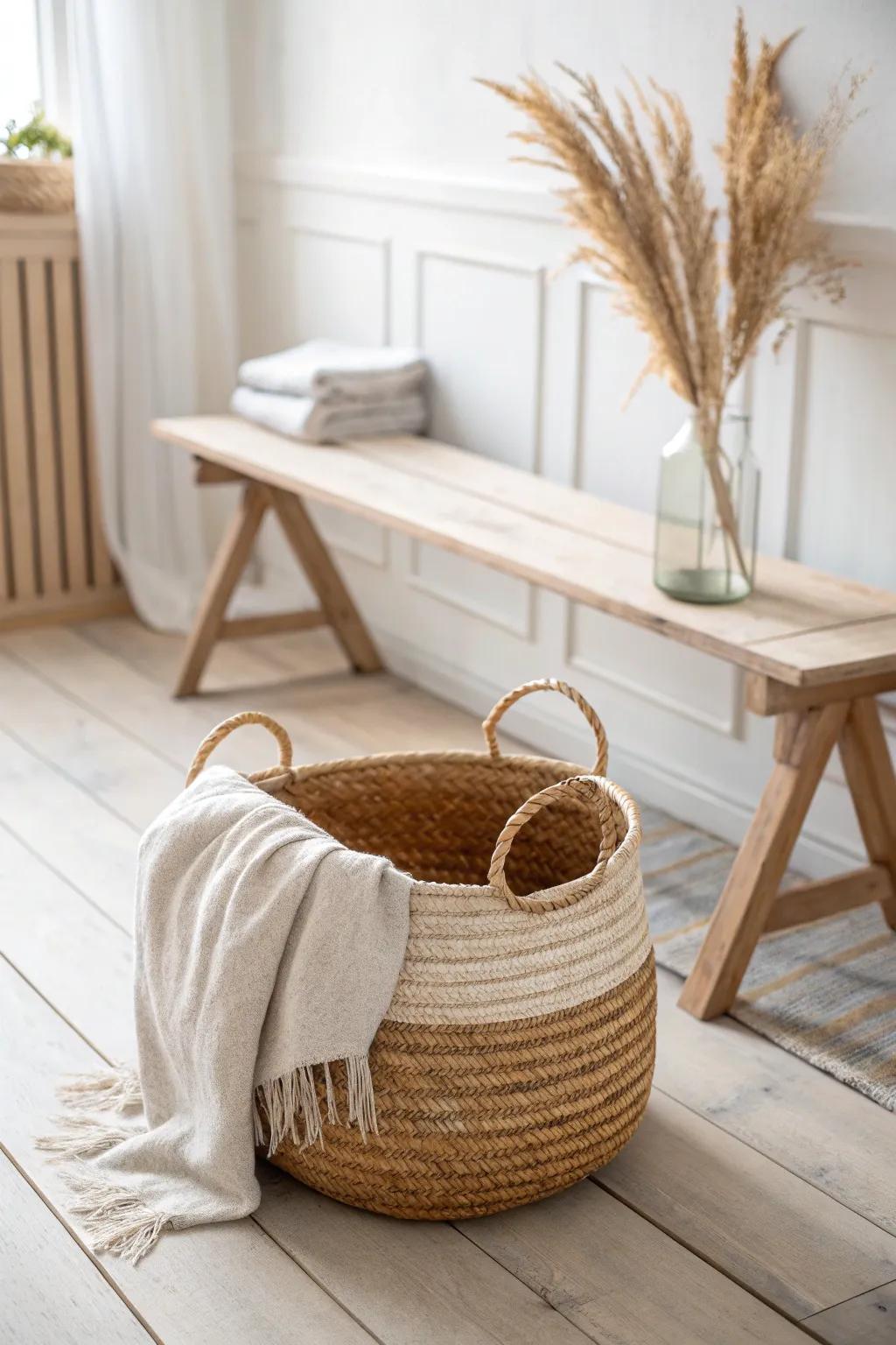 A woven basket adds quiet texture—traditional warmth that feels tidy, relaxed, and lived-in.