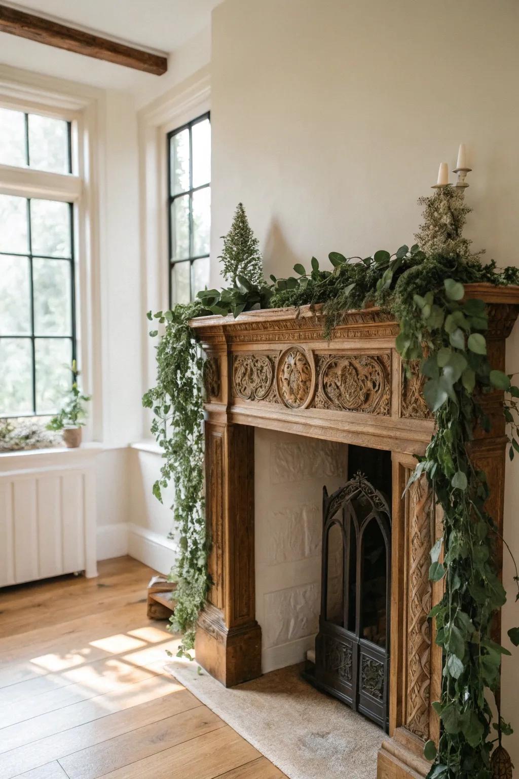 A classic wooden mantel made fresh with a simple greenery garland—soft, natural, uncluttered.