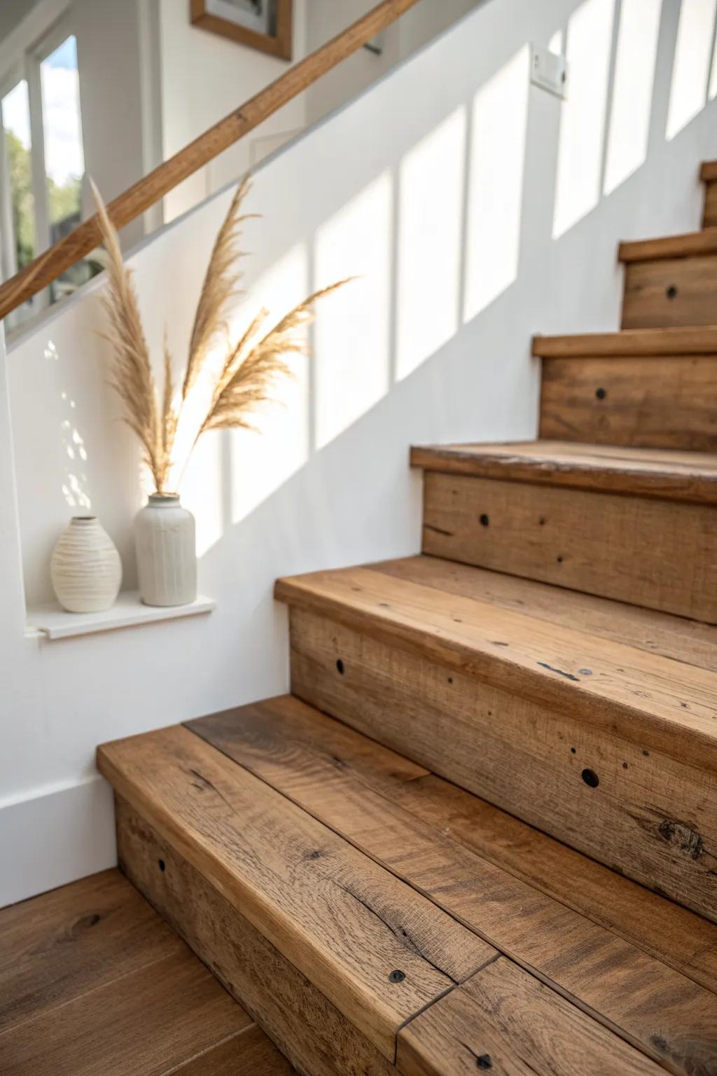 Reclaimed wood treads add old-soul charm—every knot and saw mark whispers history.