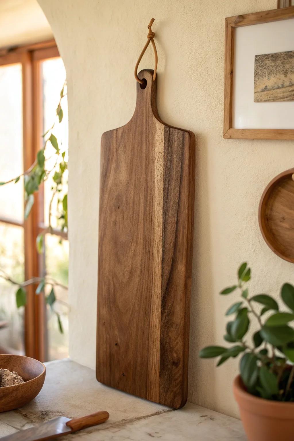 One oversized oiled wood board on the wall—minimal Scandinavian calm with warm Tuscan soul.