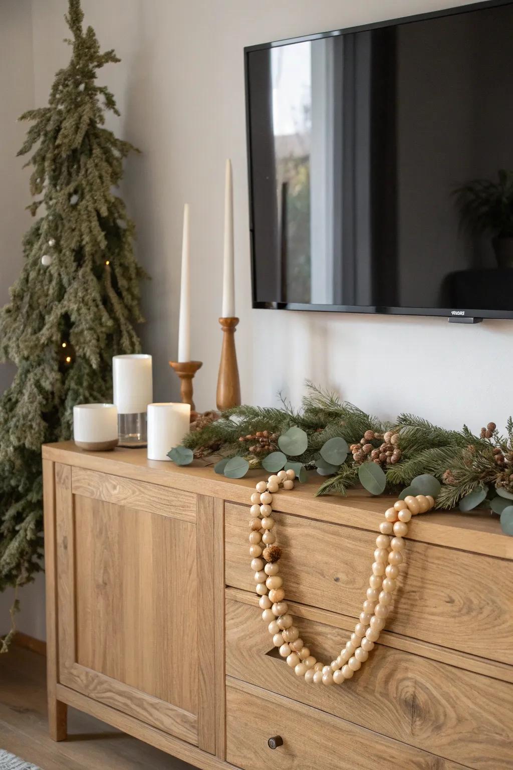 Turn your TV sideboard into a seasonal mini-mantel with greenery, wood beads, and candles.
