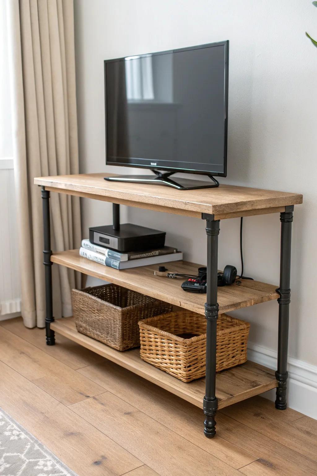 Slim pipe-and-oak TV stand: airy storage for tight bedrooms with warm minimalist style.