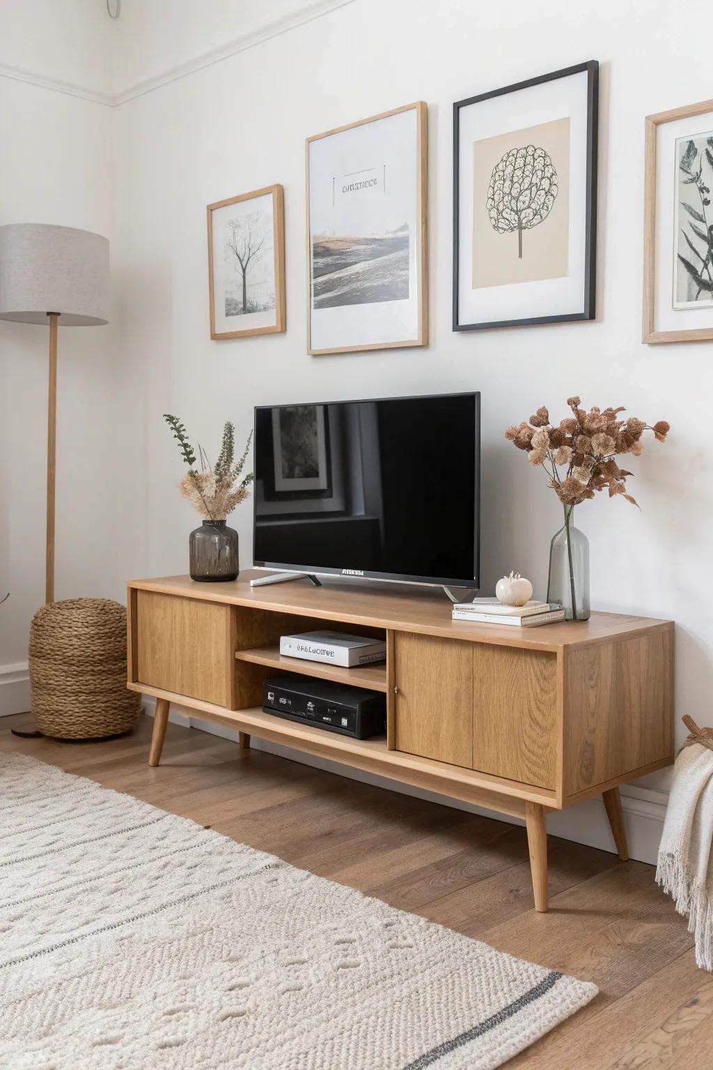 A tight gallery wall makes a small-room TV stand feel curated, calm, and beautifully blended.