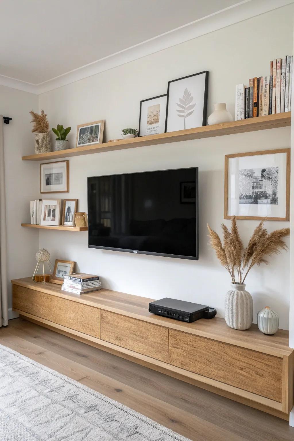 Shallow oak picture ledges soften the TV wall—lean art, add layers, keep drilling minimal.