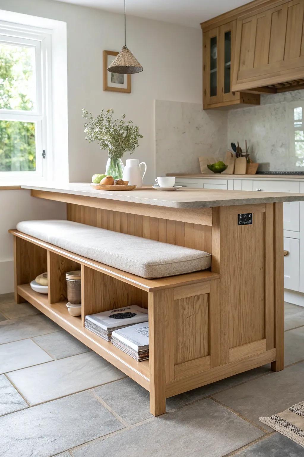 A cozy banquette lower tier turns your two-level island into a café-style breakfast nook.