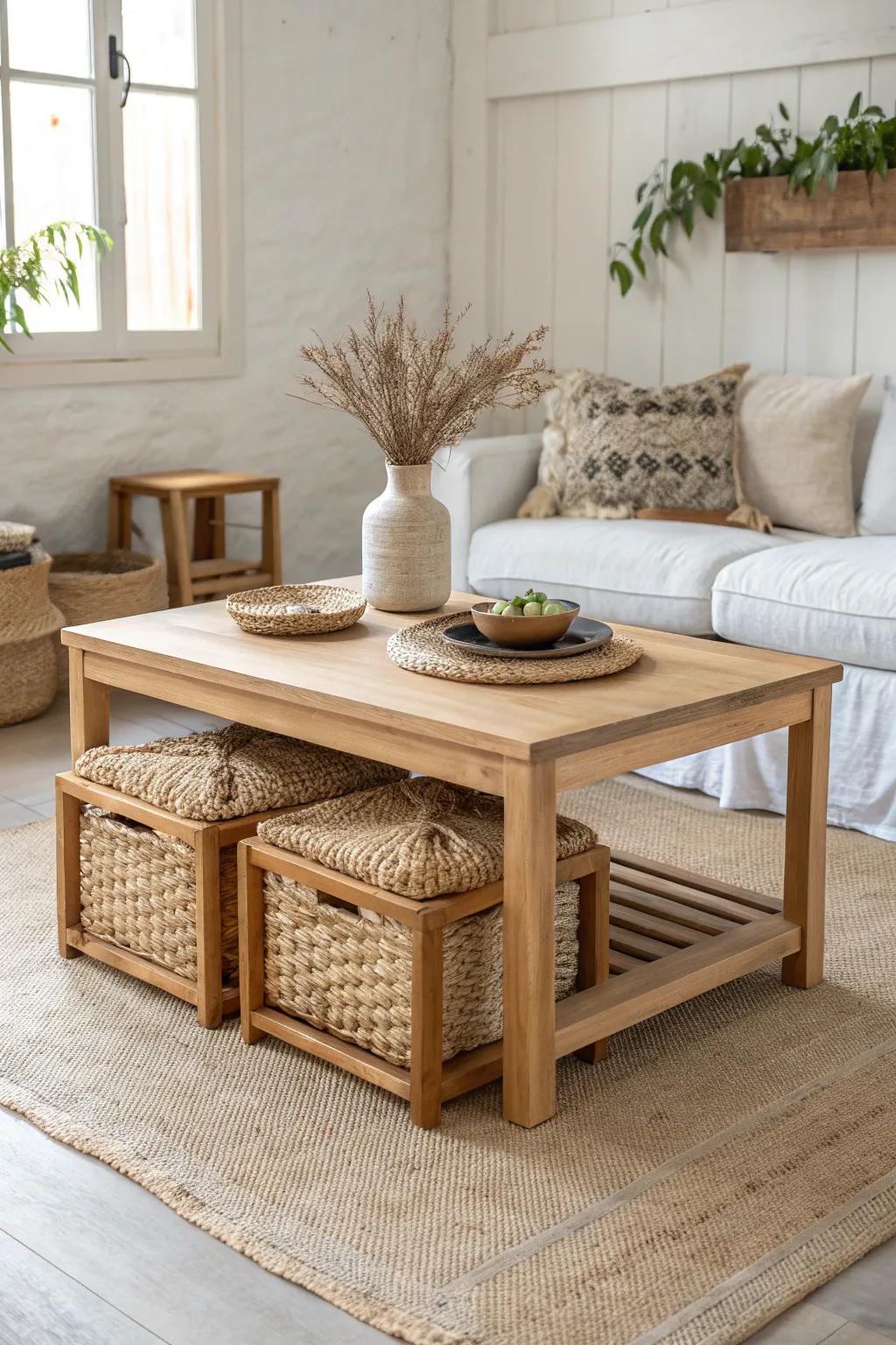 Two nested stools under the coffee table—extra seating that disappears into beautiful storage.